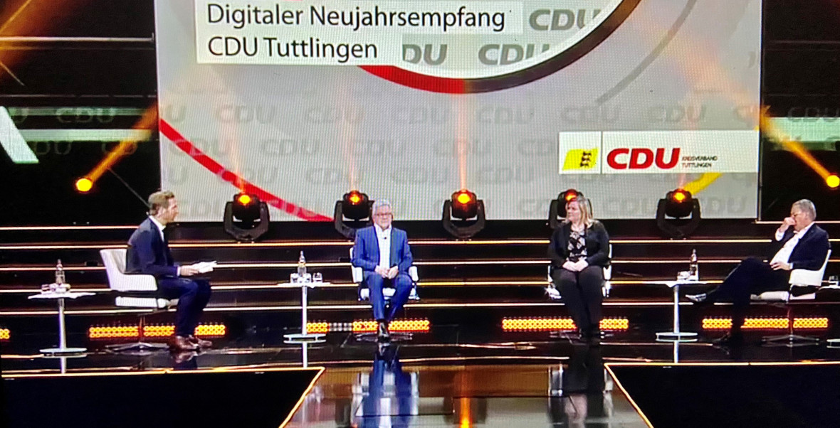 Moderator Stefan Mayer, Guido Wolf MdL, CDU-Kreisvorsitzende Maria-Lena Weiss und Roland Mack